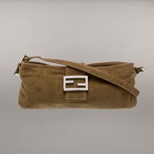 FENDI Baguette Corduroy Crossbody Bag Beige Tan Silver Y2K